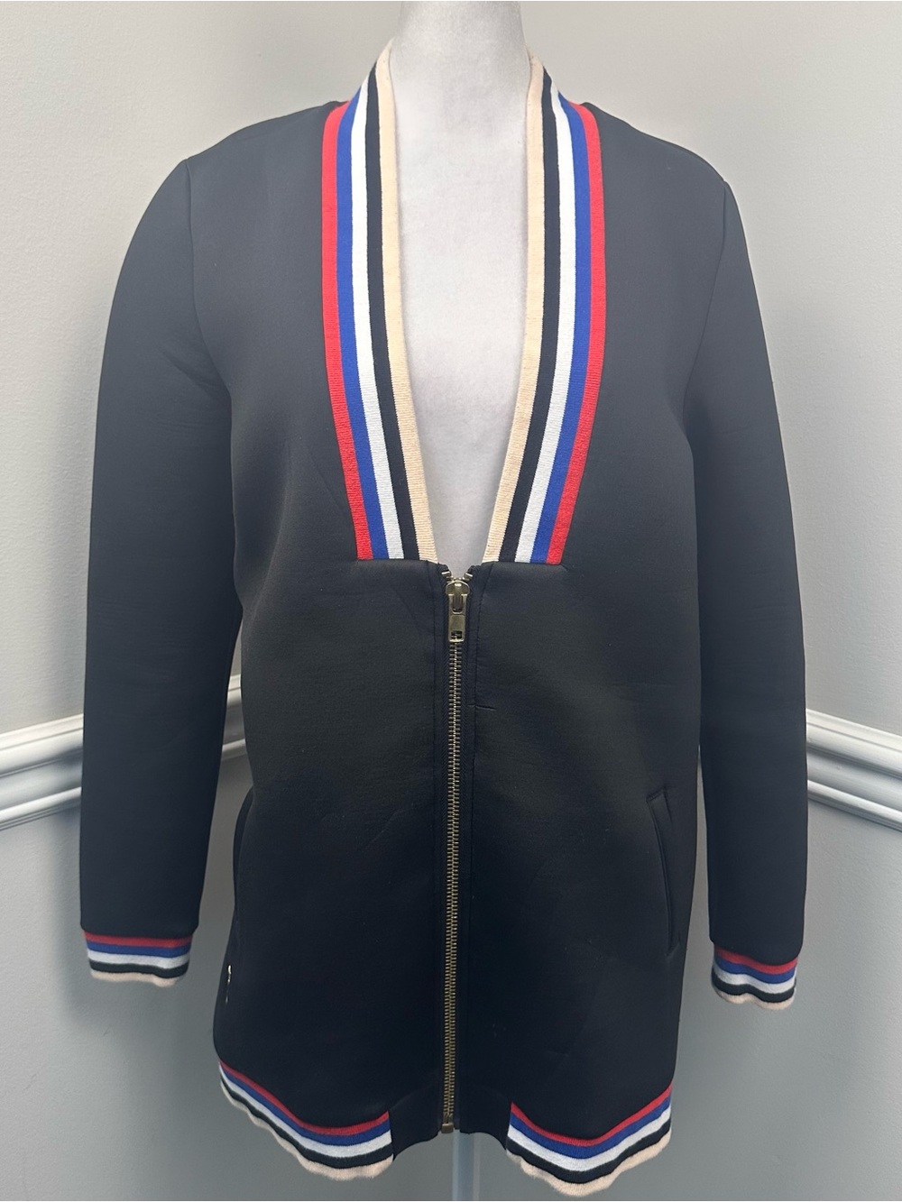 P.E Nation Black Zip-Front Jacket Sweatshirt with Red, White & Blue Trim S